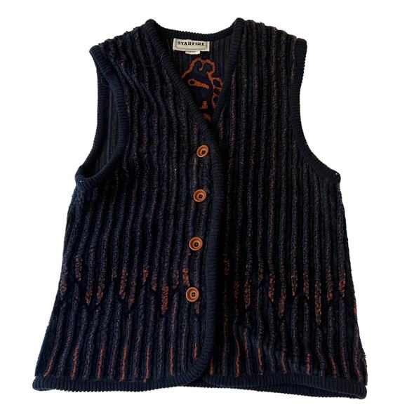 Vintage Starfire 90s Navy Soft Ribbed Aztec Boho Button-Down Vest Sz 10 M - Picture 2 of 9